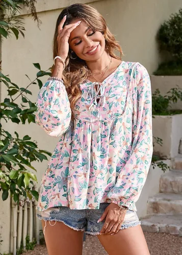 Vista 2 de PRETTYGARDEN Blusa tipo túnica floral con volantes para mujer, cuello en V, casual, manga larga, babydoll peplum