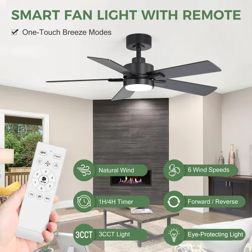 Vista 4 de Ventiladores de techo con luces LED, control remoto de ventilador de techo negro de 5 aspas de 42 pulgadas, ventilador de techo moderno con motor