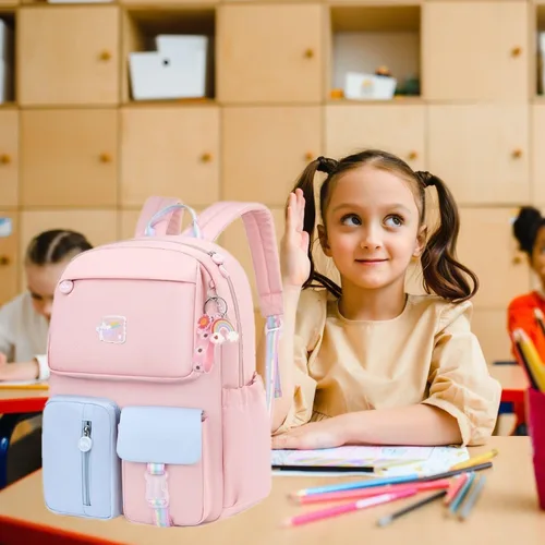 Vista 2 de Mochila escolar para niñas para escuela primaria ligera, Rosa Azul, Classic