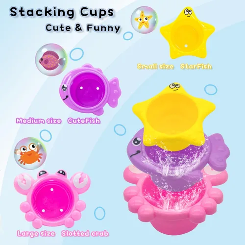 Vista 5 de Juguetes de baño para niñas para niños de 1 a 3 años Mesa de agua con ventosa y rotación Juguetes de bañera para niños pequeños con tazas apilables