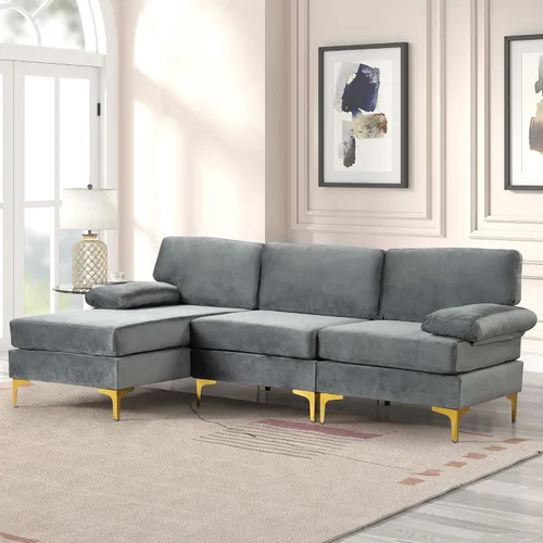 Vista 3 de Sofá modular moderno en forma de L, con diván extra ancho y patas doradas Gris