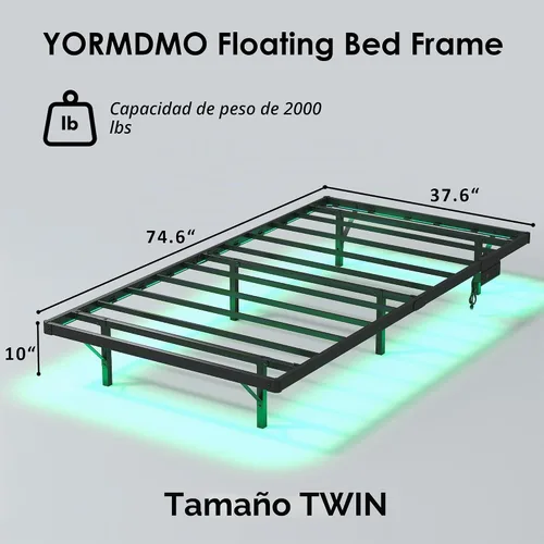 Vista 2 de YORMDMO Base de cama flotante tamaño individual, marco de cama resistente con luces LED inteligentes y estación de carga, cama moderna de plataforma