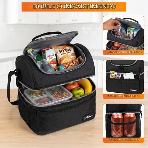 Vista 5 de OPUX Lonchera para hombres y mujeres, bolsa de almuerzo grande aislada para trabajo de adultos, lonchera de dos pisos para preparación de comidas