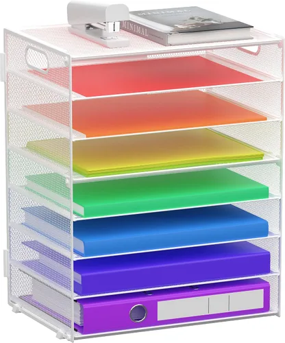 Vista 9 de Organizador de bandejas de papel de 8 niveles con asas, organizador de archivos de escritorio de malla para oficina, escuela, escritorio