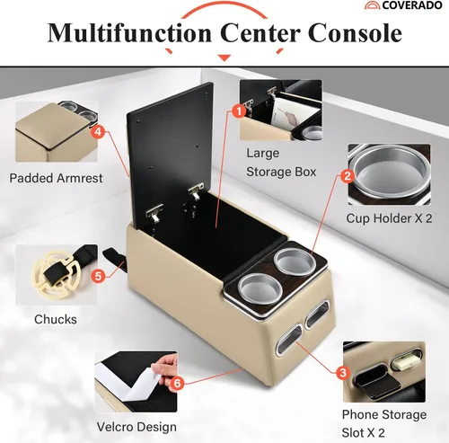 Vista 2 de Coverado - Organizador de consola central para auto, consolas universales para asiento trasero, organizador y almacenamiento para asiento