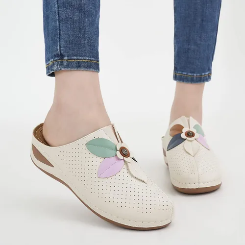 Vista 5 de Ecetana Zuecos para mujer, zapatos sin cordones de cuero, zapatos deportivos casuales de verano, sandalias de cuña cómodas, zuecos de viaje