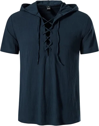 Vista 2 de LucMatton Camisas de algodón con capucha de manga corta para hombre, estilo retro tradicional, con cordones, para medieval, vikingo, hippie a juego