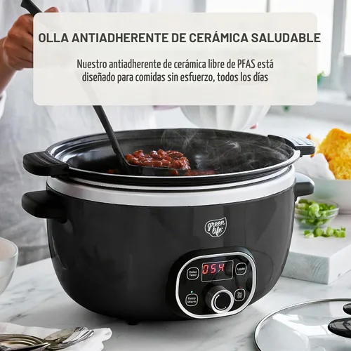 Vista 3 de GreenLife Olla de cocción lenta de 6QT, olla de cerámica antiadherente no tóxica sin PFAS, recipiente interior extraíble, programable, apta