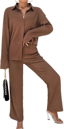 Vista 2 de Ekouaer Conjunto de 2 piezas para mujer, camisa de manga larga con botones y pantalones a juego, conjuntos holgados y casuales con bolsillos