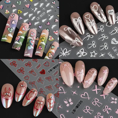 Vista 7 de Fcozpjk Calcomanías de uñas con lazo en relieve 5D, 5 hojas autoadhesivas de cintas rosas y blancas, arte de uñas para el día de San Valentín, dijes
