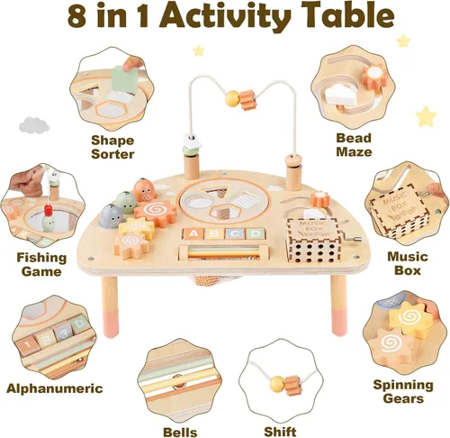 Vista 2 de Mesa de Actividad para Niños de 1 Año, Juguetes Montessori para Niñas y Niños de 1 a 2 Años, Regalos, Mesa de Juego Sensorial de Madera 8 en 1
