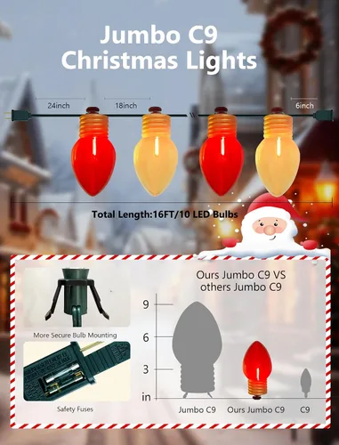 Vista 2 de Luces de Navidad Jumbo Rojas y Blancas de 16 Pies para Exteriores, Cadena de Bombillas LED Gigantes de Navidad para Árbol, Porche, Patio y Valla