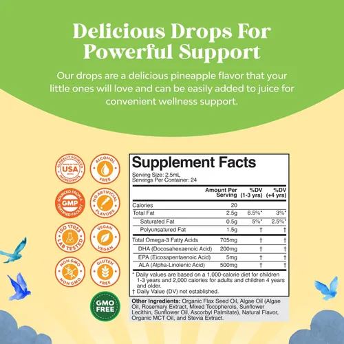 Vista 3 de Gotas de DHA Omega 3 para niños - Ácidos grasos Omega 3 6 9 para cerebro, sistema inmunológico y visión - DHA nutricional para niños para un sistema