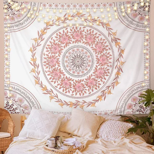 Vista 8 de FLY SPRAY Tapiz estético de mandala, tapices bohemios para colgar en la pared, tapiz de medallón floral de rosa oscura, arte de pared bohemio