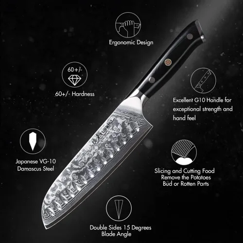 Vista 6 de TURWHO Cuchillo Santoku Profesional 7 pulgadas - Cuchillo de chef japonés clásico, patrón de damasco, acero VG-10
