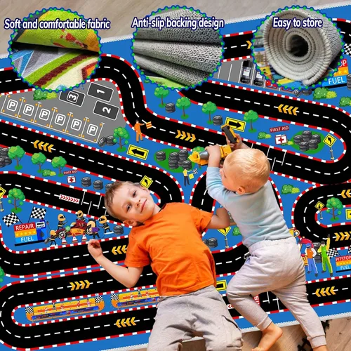 Vista 3 de Alfombra de coche para niños para autos de juguete, alfombra de pista de carreras, alfombra de carretera para sala de juegos, aula, habitación