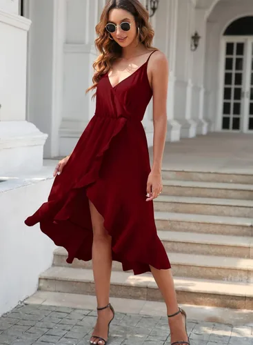 Vista 5 de Womens Summer Chiffon Sleeveless Spaghetti Strap Cross V Neck High Low Dress Beach Flowy Party Midi Dresses 837