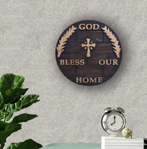 Vista 6 de Placa de madera para colgar en pared y hogar con diseño de Dios bendiga nuestro hogar, decoración y regalo