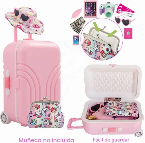 Vista 4 de Windolls Maleta para muñecas de 18 pulgadas, accesorios de viaje, accesorios de ropa para muñecas, juego de almacenamiento, funda, sombrero, gafas