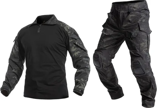 Vista 10 de YEVHEV Conjunto de ropa militar de combate G3, ropa táctica de camuflaje, uniforme de caza, equipo de paintball con rodilleras para hombres Negro