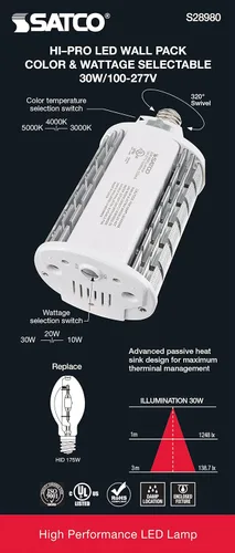 Vista 10 de Satco 28980-30W/LEDWP/CCT/E26/100-277V S28980 Omni Direccional Inundación HID Bombilla LED de repuesto