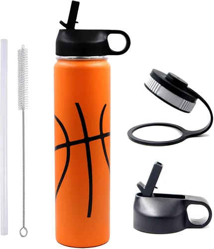 Vista 27 de Botella de agua de baloncesto de 12 onzas, botella de agua deportiva aislada al vacío de acero inoxidable con popote y 2 tapas, botella de agua
