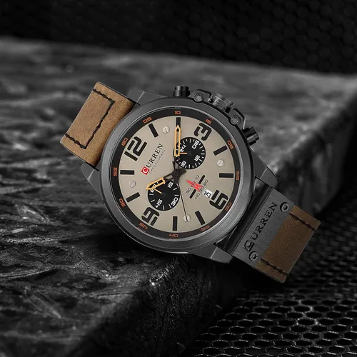 Vista 3 de Reloj de acero inoxidable con correa de cuero, estilo clásico, casual, resistente al agua, cronógrafo, fecha, y cuarzo analógico