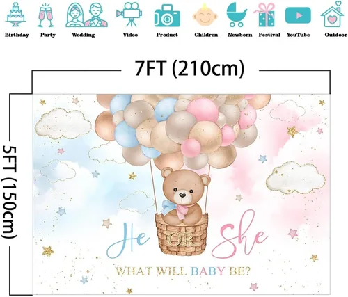 Vista 3 de Mocsicka Fondo de globo aerostático de oso rosa o azul, oso rosa o azul, para revelar el género, We Can Bearly Wait Gender Reveal Party Cake Table