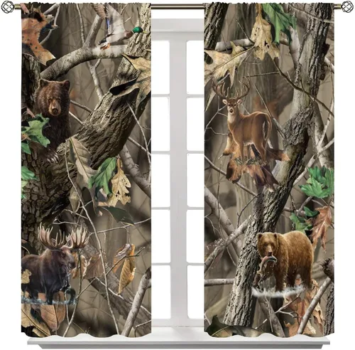 Vista 8 de Cortinas opacas de camuflaje de bosque, animales salvajes, osos, ciervos, alces, con bolsillo para barra, para sala de estar, dormitorio, decoración