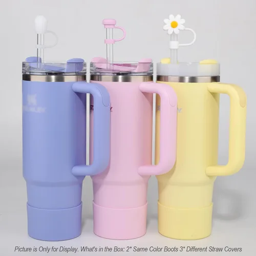 Vista 4 de Juego de funda para botas y pajilla, 2 fundas de silicona, 3 tapas de pajita, protector inferior para Stanley Cup H2.0 30 oz y 40 oz, coincidencia