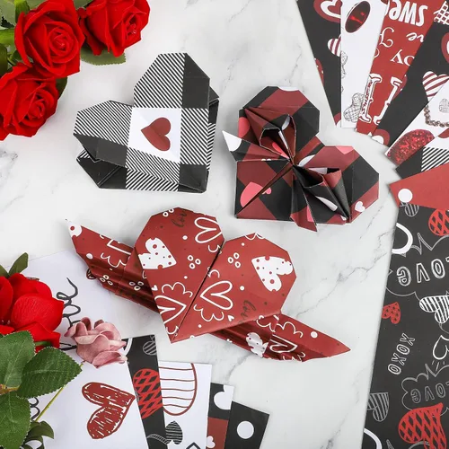 Vista 4 de Papel con Patrón de San Valentín de Doble Cara Papel Decorativo para Álbum de Recortes de San Valentín, Cartulina Roja y Negra con Corazones de Amor