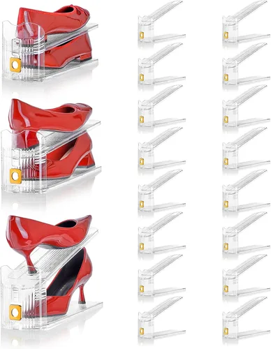 Vista 17 de Organizador de ranuras ajustables para zapatos, paquete de 10 unidades de apiladores de zapatos transparentes, soporte para zapatos, ahorrador