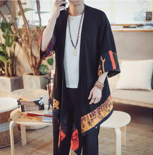 Vista 5 de HZCX FASHION Chaqueta tipo kimono larga de lino y algodón para hombre