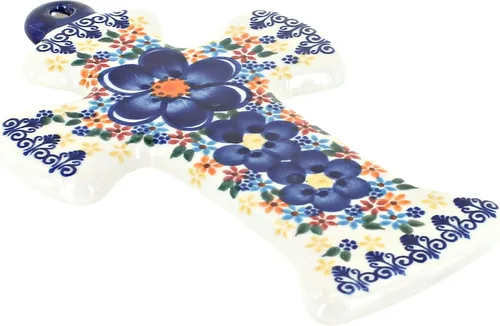 Vista 13 de Cerámica polaca de rosa azul - Cruz de Alyssa amarilla - 7" x 4.5" - Cruz de pared de cerámica polaca pintada a mano