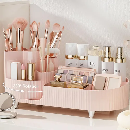 Vista 7 de COMFYROOM Organizador de maquillaje para tocador con soporte para brochas, organizador de maquillaje cosmético de 3 capas, organizador de maquillaje