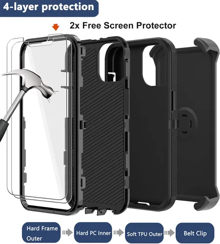 Vista 3 de Funda para iPhone 14 Plus (6.7 pulgadas) con funda de clip para cinturón, 2 protectores de pantalla, resistente grado militar, cuerpo completo, a