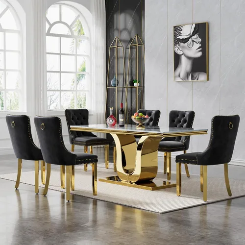 Vista 23 de SSLine Mesa de comedor moderna para mesa de cocina de mármol sintético de 6,70 pulgadas, mesa de comedor rectangular para muebles de cocina