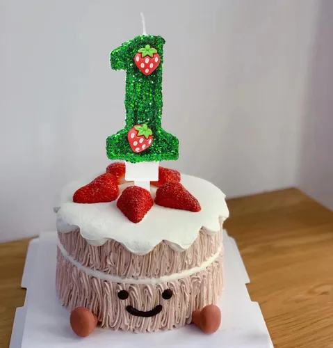 Vista 7 de Velas de cumpleaños 0, vela de número verde con fresa, linda vela de número de cumpleaños para suministros de fiesta de pasteles número 0 Green-0