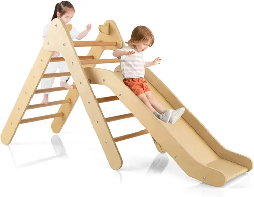 Vista 10 de HONEY JOY Escaladora triangular con rampa, escalera triangular para niños para guardería, gimnasio y parque infantil, juguetes de escalada Colorido