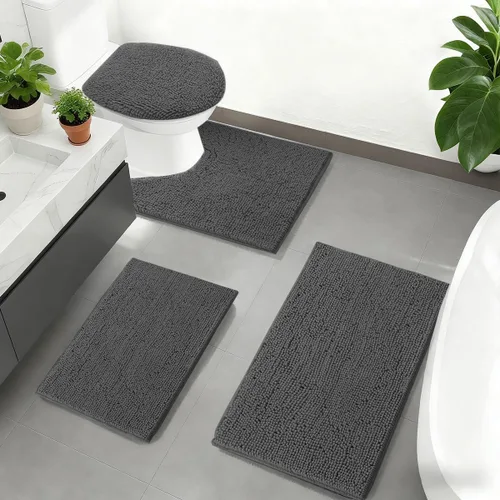 Vista 8 de RUN HELIX Juego de 4 alfombras de baño antideslizantes, suaves, peludas y absorbentes, con tapete de inodoro en forma de U, color negro