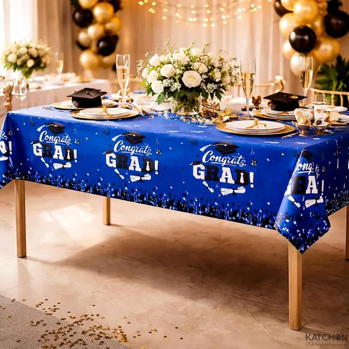 Vista 3 de Graduation Tablecloth, Graduation Decorations 2026, Pack of 3, 54 x 108 Inches, Plastic Graduation Table Decorations 2026, Disposable Rectangle Blue