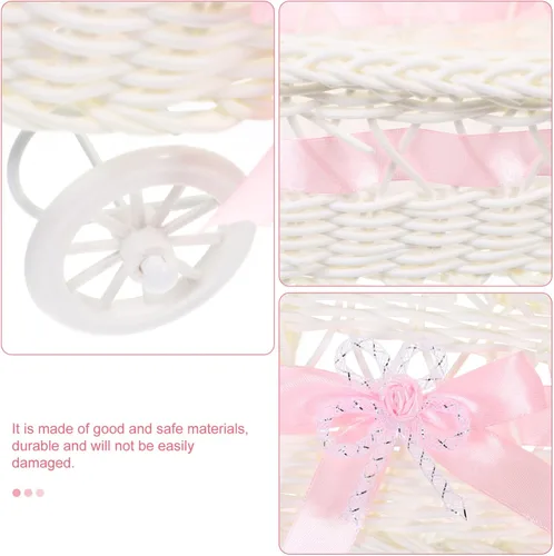 Vista 4 de Cesta de mimbre de mimbre de imitación para cochecito de bebé, con forma de carrito, cesta multiusos de caramelo para baby shower, fiesta
