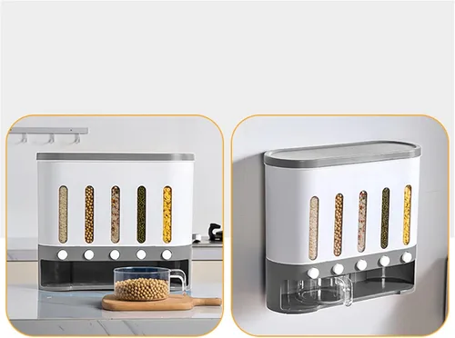 Vista 6 de Dispensador de granos de 5 rejillas, dispensador de arroz para encimera, dispensador de cereales múltiples montado en la pared, dispensador