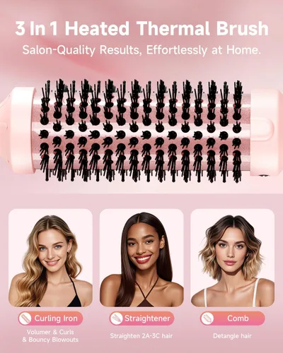 Vista 4 de Cepillo térmico redondo térmico de 1.5 pulgadas para cabello largo y seco, alisador con 3 ajustes de temperatura, cepillos de soplado para rizar