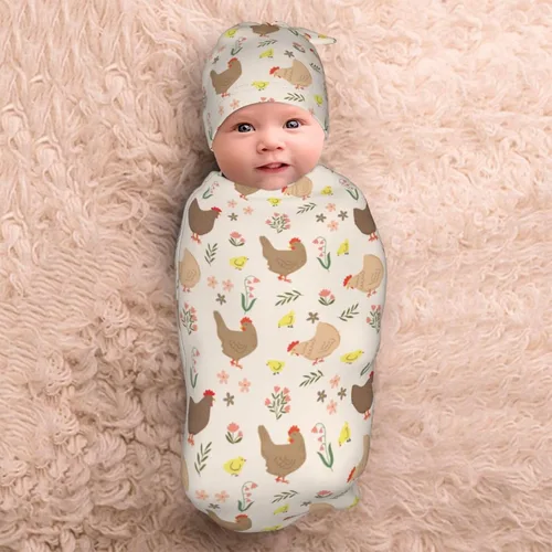 Vista 9 de Manta con estampado de pollo lindo con sombrero y lazo, saco de dormir de gallo, saco de envolver regalo de ducha, artículos divertidos para bebés