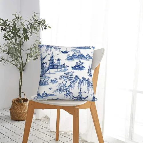 Vista 6 de Chinoiserie - Funda de almohada de lino azul de 16 x 16 pulgadas, fundas de almohada de lino para sofá, automóvil, sala de estar, dormitorio