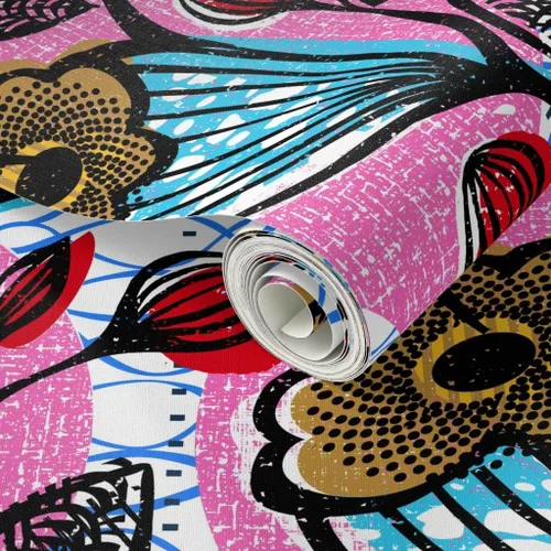 Vista 2 de Muestras de papel tapiz para despegar y pegar, impresiones florales africanas, flores, arte étnico de África, inspirado en Memphis, impresión