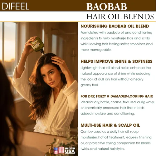 Vista 5 de Difeel Aceite natural de acondicionamiento profundo prémium para el cuidado del cabello, aceite de baobab, 2.5 onzas