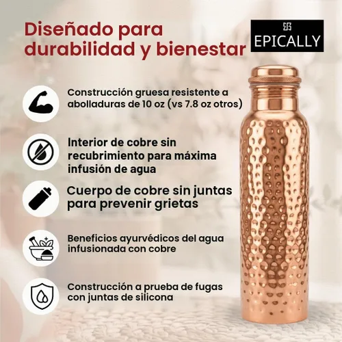 Vista 7 de Botella de agua de cobre puro 99.5 % (32 onzas), martillada, probada con plomo, sin BPA, 2 juntas adicionales, resistente a abolladuras, a prueba