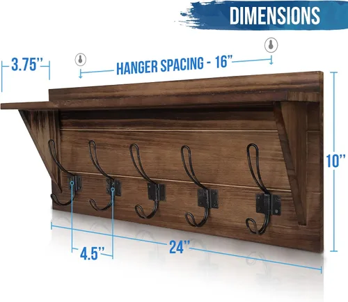 Vista 2 de HBCY Creations Perchero de pared de madera maciza color marrón rústico con estante, 5 ganchos, 24 pulgadas de largo, cocina, vestíbulo, entrada